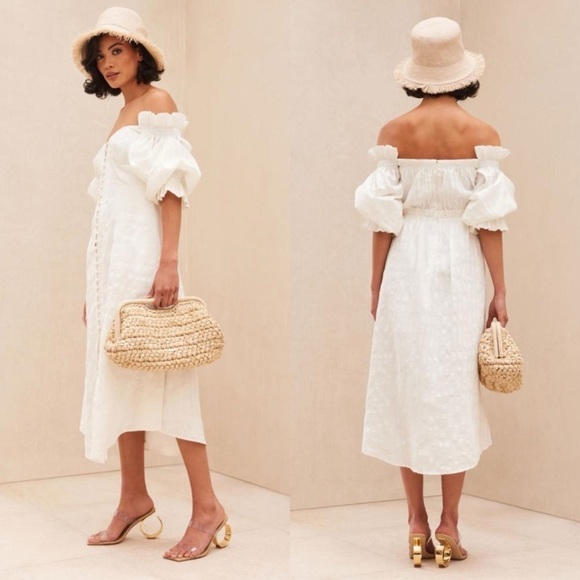 CULT GAIA SIMONA SEERSUCKER LINEN WHITE OFF THE SHOULDER BUTTON DOWN MIDI DRESS - Picture 3 of 15